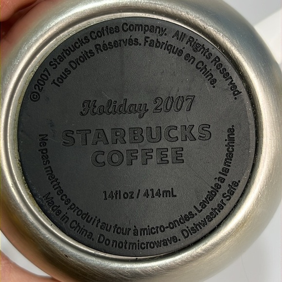 Starbucks Holiday Mug 2007 White Blue Snowflakes Metal Base 14oz Coffee Tea - Picture 5 of 6